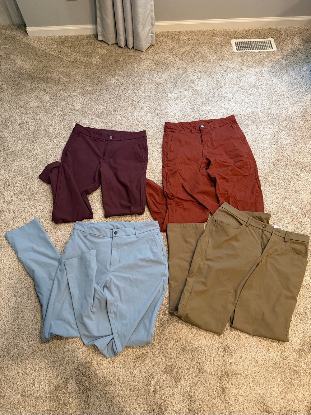 lululemon athletica Men's Chinos in Burgundy, Light Blue, red/orange & Olive